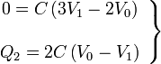 \left.\begin{array}{c}0=C\left(3V_1-2V_0\right)\\ \\ Q_2=2C\left(V_0-V_1\right)\end{array}\right\}