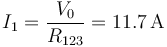 I_1=\frac{V_0}{R_{123}}=11.7\,\mathrm{A}