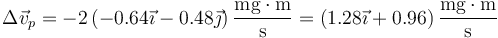 \Delta\vec{v}_p = -2\left(-0.64\vec{\imath}-0.48\vec{\jmath}\right)\frac{\mathrm{mg}\cdot\mathrm{m}}{\mathrm{s}} = \left(1.28\vec{\imath}+0.96\right)\frac{\mathrm{mg}\cdot\mathrm{m}}{\mathrm{s}}