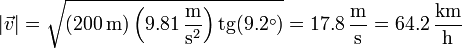 |\vec{v}| = \sqrt{(200\,\mathrm{m})\left(9.81\,\frac{\mathrm{m}}{\mathrm{s}^2}\right)\mathrm{tg}(9.2^\circ)} = 17.8\,\frac{\mathrm{m}}{\mathrm{s}} = 64.2\,\frac{\mathrm{km}}{\mathrm{h}}