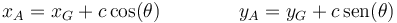 x_A=x_G+c\cos(\theta)\qquad\qquad y_A=y_G+c\,\mathrm{sen}(\theta)