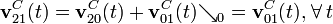 \displaystyle\mathbf{v}_{21}^C(t)=\mathbf{v}_{20}^C(t)+\mathbf{v}_{01}^C(t)\mathop{\searrow}_0=\mathbf{v}_{01}^C(t)\mathbf{,}\;\forall\, t