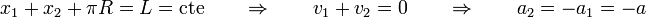 x_1 + x_2 +\pi R = L=\mathrm{cte}\qquad\Rightarrow\qquad v_1+v_2 = 0\qquad\Rightarrow\qquad a_2=-a_1=-a