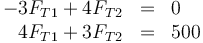 \begin{array}{rcl}
-3F_{T1}+4F_{T2} & = & 0 \\
4F_{T1}+3F_{T2}& = & 500 \\
\end{array}