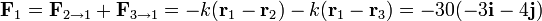 \mathbf{F}_1=\mathbf{F}_{2\to 1}+\mathbf{F}_{3\to 1}=-k(\mathbf{r}_1-\mathbf{r}_2)-k(\mathbf{r}_1-\mathbf{r}_3)=-30(-3\mathbf{i}-4\mathbf{j})