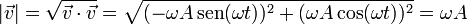 |\vec{v}| = \sqrt{\vec{v}\cdot\vec{v}}=\sqrt{(-\omega A\,\mathrm{sen}(\omega t))^2+(\omega A\cos(\omega t))^2}=\omega A