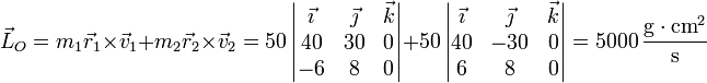 \vec{L}_O = m_1\vec{r}_1\times\vec{v}_1+m_2\vec{r}_2\times\vec{v}_2=50\left|\begin{matrix}\vec{\imath} & \vec{\jmath} & \vec{k} \\ 40 & 30 & 0 \\ -6 & 8 & 0 \end{matrix}\right|+50\left|\begin{matrix}\vec{\imath} & \vec{\jmath} & \vec{k} \\ 40 & -30 & 0 \\ 6 & 8 & 0 \end{matrix}\right| = 5000\,\frac{\mathrm{g}\cdot\mathrm{cm}^2}{\mathrm{s}}