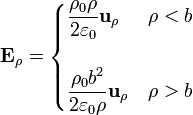 \mathbf{E}_\rho = \begin{cases}\displaystyle\frac{\rho_0\rho}{2\varepsilon_0}\mathbf{u}_\rho & \rho < b \\ & \\ \displaystyle\frac{\rho_0b^2}{2\varepsilon_0\rho}\mathbf{u}_\rho & \rho > b\end{cases}