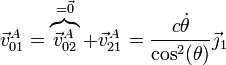 \vec{v}^A_{01}=\overbrace{\vec{v}^A_{02}}^{=\vec{0}}+\vec{v}^A_{21} = \frac{c\dot{\theta}}{\cos^2(\theta)}\vec{\jmath}_1