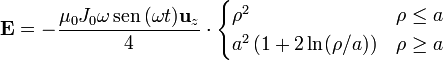 \mathbf{E}= -\frac{\mu_0J_0\omega\,\mathrm{sen}\,(\omega t)\mathbf{u}_z}{4}\cdot\begin{cases} \rho^2 & \rho \leq a  \\
a^2\left(1+2\ln(\rho/a)\right) & \rho\geq a\end{cases}