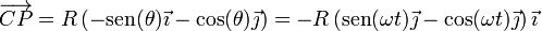\overrightarrow{CP}=R\left(-\mathrm{sen}(\theta)\vec{\imath}-\cos(\theta)\vec{\jmath}\right) = -R\left(\mathrm{sen}(\omega t)\vec{\jmath}-\cos(\omega t)\vec{\jmath}\right)\vec{\imath}