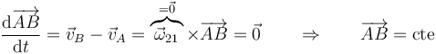 \frac{\mathrm{d}\overrightarrow{AB}}{\mathrm{d}t}=\vec{v}_B-\vec{v}_A=\overbrace{\vec{\omega}_{21}}^{=\vec{0}}\times\overrightarrow{AB}= \vec{0}\qquad\Rightarrow\qquad \overrightarrow{AB}=\mathrm{cte}