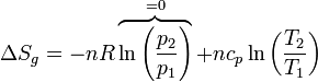 \Delta S_g = -n R\overbrace{\ln\left(\frac{p_2}{p_1}\right)}^{=0}+n c_p\ln\left(\frac{T_2}{T_1}\right)