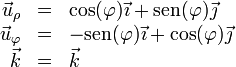 \begin{array}{rcl}
\vec{u}_\rho & = & \cos(\varphi)\vec{\imath}+\mathrm{sen}(\varphi)\vec{\jmath} \\
\vec{u}_\varphi & = & -\mathrm{sen}(\varphi)\vec{\imath}+\cos(\varphi)\vec{\jmath} \\
\vec{k} & = & \vec{k}
\end{array}