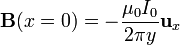 \mathbf{B}(x=0)=-\frac{\mu_0I_0}{2\pi y}\mathbf{u}_x