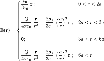 \mathbf{E} (\mathbf{r})=\begin{cases}\displaystyle \frac{\rho_0}{3\varepsilon_0}\ \mathbf{r}\ \mathrm{;}& 0<r<2a\\ \\ \displaystyle \frac{Q}{4\pi\varepsilon_0}\ \frac{\mathbf{r}}{r^3}=\frac{8\rho_0}{3\varepsilon_0}\ \left(\frac{a}{r}\right)^3 \mathbf{r}\ \mathrm{;}& 2a<r<3a\\ \\ \mathbf{0}\mathrm{;}& 3a<r<6a\\ \\
\displaystyle \frac{Q}{4\pi\varepsilon_0}\ \frac{\mathbf{r}}{r^3}=\frac{8\rho_0}{3\varepsilon_0}\ \left(\frac{a}{r}\right)^3 \mathbf{r}\ \mathrm{;}& 6a<r\end{cases}