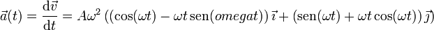 \vec{a}(t) =\frac{\mathrm{d}\vec{v}}{\mathrm{d}t}=A\omega^2 \left(\left(\cos(\omega t)-\omega t\,\mathrm{sen}(omega t)\right)\vec{\imath}+\left(\mathrm{sen}(\omega t)+\omega t\cos(\omega t)\right)\vec{\jmath}\right)