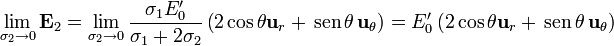 \lim_{\sigma_2\to 0}\mathbf{E}_2=\lim_{\sigma_2\to 0}\frac{\sigma_1E'_0}{\sigma_1+2\sigma_2}\left(2\cos\theta\mathbf{u}_r+\,\mathrm{sen}\,\theta\,\mathbf{u}_\theta\right)=E'_0\left(2\cos\theta\mathbf{u}_r+\,\mathrm{sen}\,\theta\,\mathbf{u}_\theta\right)