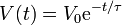 V(t)=V_0\mathrm{e}^{-t/\tau}\,