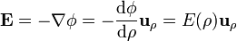 \mathbf{E}=-\nabla\phi = -\frac{\mathrm{d}\phi}{\mathrm{d}\rho}\mathbf{u}_\rho = E(\rho)\mathbf{u}_\rho