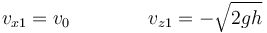 v_{x1} = v_0\qquad\qquad v_{z1} = -\sqrt{2gh}\,