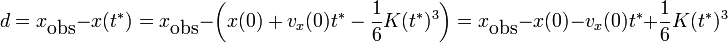 d=x_{\mbox{obs}}-x(t^*)=x_{\mbox{obs}}-\left(x(0)+v_x(0)t^*-\frac{1}{6}K(t^*)^3\right)=x_{\mbox{obs}}-x(0)-v_x(0)t^*+\frac{1}{6}K(t^*)^3