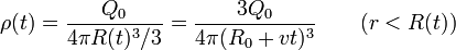 \rho(t) = \frac{Q_0}{4\pi R(t)^3/3} = \frac{3Q_0}{4\pi (R_0 + vt)^3}
\qquad (r< R(t))