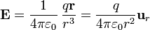 \mathbf{E}=\frac{1}{4\pi\varepsilon_0}\,\frac{q\mathbf{r}}{r^3}=\frac{q}{4\pi\varepsilon_0 r^2}\mathbf{u}_r