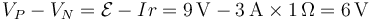 V_P-V_N=\mathcal{E}-Ir=9\,\mathrm{V}-3\,\mathrm{A}\times 1\,\Omega = 6\,\mathrm{V}