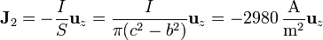 \mathbf{J}_2=-\frac{I}{S}\mathbf{u}_z = \frac{I}{\pi (c^2-b^2)}\mathbf{u}_z = -2980\,\frac{\mathrm{A}}{\mathrm{m}^2}\mathbf{u}_z