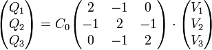 
\begin{pmatrix}Q_1\\Q_2\\Q_3\end{pmatrix} = C_0\begin{pmatrix}2 & -1 & 0 \\ -1 & 2 & -1 \\ 0 & -1 & 2\end{pmatrix}\cdot\begin{pmatrix}V_1\\V_2\\V_3\end{pmatrix}