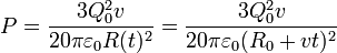 P = \frac{3Q_0^2v}{20\pi\varepsilon_0 R(t)^2} = \frac{3Q_0^2v}{20\pi\varepsilon_0 (R_0+v t)^2}