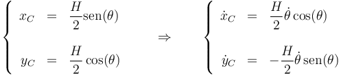 \left\{\begin{array}{rcl}x_C & = & \displaystyle \frac{H}{2}\mathrm{sen}(\theta) \\ && \\ y_C & = & \displaystyle\frac{H}{2}\cos(\theta)\end{array}\right. \qquad\Rightarrow\qquad \left\{\begin{array}{rcl}\dot{x}_C & = & \displaystyle \frac{H}{2}\dot{\theta}\cos(\theta) \\ && \\ \dot{y}_C & = & -\displaystyle\frac{H}{2}\dot{\theta}\,\mathrm{sen}(\theta)\end{array}\right.