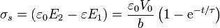 \sigma_s = (\varepsilon_0E_2-\varepsilon E_1) = \frac{\varepsilon_0 V_0}{b}\left(1-\mathrm{e}^{-t/\tau}\right)