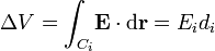 \Delta V=\int_{C_i}\! \mathbf{E}\cdot\mathrm{d}\mathbf{r}=E_id_i