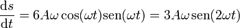 \frac{\mathrm{d}s}{\mathrm{d}t}=6A\omega\cos(\omega t)\mathrm{sen}(\omega t) = 3A\omega\,\mathrm{sen}(2\omega t)