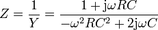 Z = \frac{1}{Y}= \frac{1+\mathrm{j}\omega R C}{-\omega^2 RC^2+2\mathrm{j}\omega C}