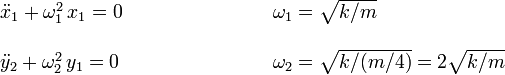 
\begin{array}{lcl}
\ddot{x}_1 + \omega_1^2\,x_1 = 0&\qquad\qquad\qquad& \omega_1 = \sqrt{k/m}\\
&&\\
\ddot{y}_2 + \omega_2^2\,y_1 = 0&\qquad\qquad\qquad& \omega_2 = \sqrt{k/(m/4)} = 2\sqrt{k/m}
\end{array}
