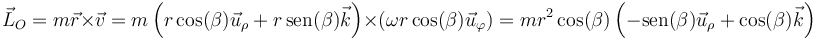 \vec{L}_O=m\vec{r}\times\vec{v}=m\left(r\cos(\beta)\vec{u}_\rho+r\,\mathrm{sen}(\beta)\vec{k}\right)\times\left(\omega r\cos(\beta)\vec{u}_\varphi\right) = mr^2\cos(\beta)\left(-\mathrm{sen}(\beta)\vec{u}_\rho+\cos(\beta)\vec{k}\right)