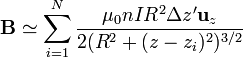 \mathbf{B}\simeq\sum_{i=1}^N \frac{\mu_0nI R^2 \Delta z'\mathbf{u}_z}{2(R^2+(z-z_i)^2)^{3/2}}