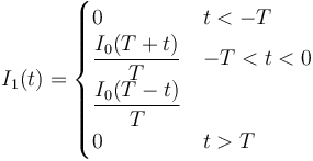 I_1(t) = \begin{cases} 0 & t < -T \\ 
\dfrac{I_0(T+t)}{T} & -T < t < 0 \\ \dfrac{I_0(T-t)}{T} \\ 0 & t > T\end{cases}