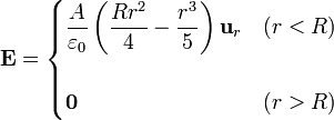 \mathbf{E}=\begin{cases}\displaystyle \frac{A}{\varepsilon_0}\left(\frac{Rr^2}{4}-\frac{r^3}{5}\right)\mathbf{u}_r & (r<R) \\ & \\ \mathbf{0} & (r>R)\end{cases}