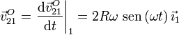 
  \vec{v}_{21}^O=\left.\dfrac{\mathrm{d}\vec{v}_{21}^O}{\mathrm{d}t}\right|_1=2R\omega\,\,\mathrm{sen}\,(\omega
    t)\,\vec{\imath}_1
