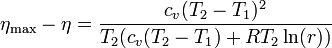 \eta_\mathrm{max}-\eta = \frac{c_v(T_2-T_1)^2}{T_2(c_v(T_2-T_1)+RT_2\ln(r))}