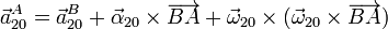 \vec{a}^A_{20} = \vec{a}^B_{20}+\vec{\alpha}_{20}\times\overrightarrow{BA} + \vec{\omega}_{20}\times(\vec{\omega}_{20}\times\overrightarrow{BA})
