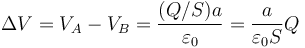 \Delta V = V_A-V_B = \frac{(Q/S)a}{\varepsilon_0}=\frac{a}{\varepsilon_0 S}Q