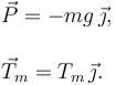 
\begin{array}{l}
\vec{P} = -mg\,\vec{\jmath},\\
\\
\vec{T}_m = T_m\,\vec{\jmath}.
\end{array}
