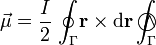 \vec{\mu}=\frac{I}{2}\!\ \oint_\Gamma\!\mathbf{r}\times\mathrm{d}\mathbf{r}\int_\Gamma\!\!\!\!\!\!\!\bigcirc\!\!\!\!\wedge \!