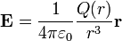 \mathbf{E}=\frac{1}{4\pi\varepsilon_0} \frac{Q(r)}{r^3}\mathbf{r}