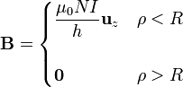 \mathbf{B}=\begin{cases}\displaystyle\frac{\mu_0NI}{h}\mathbf{u}_z & \rho<R \\ & \\ \mathbf{0} & \rho > R\end{cases}